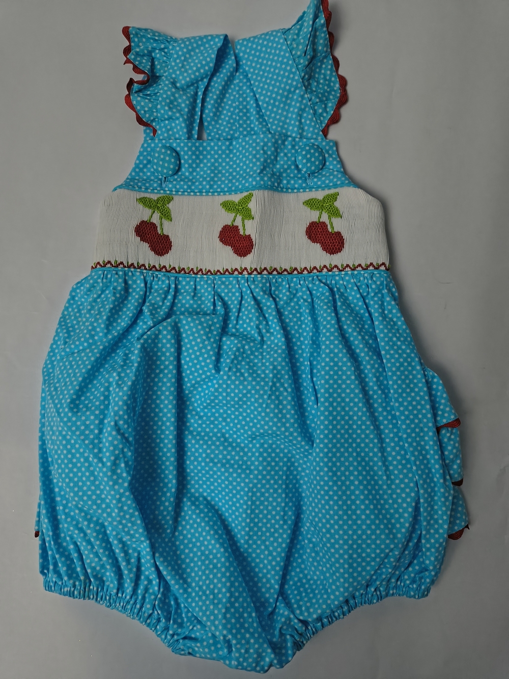 Turquoise Polka Dot Cherry Smocked Baby Bubble Romper